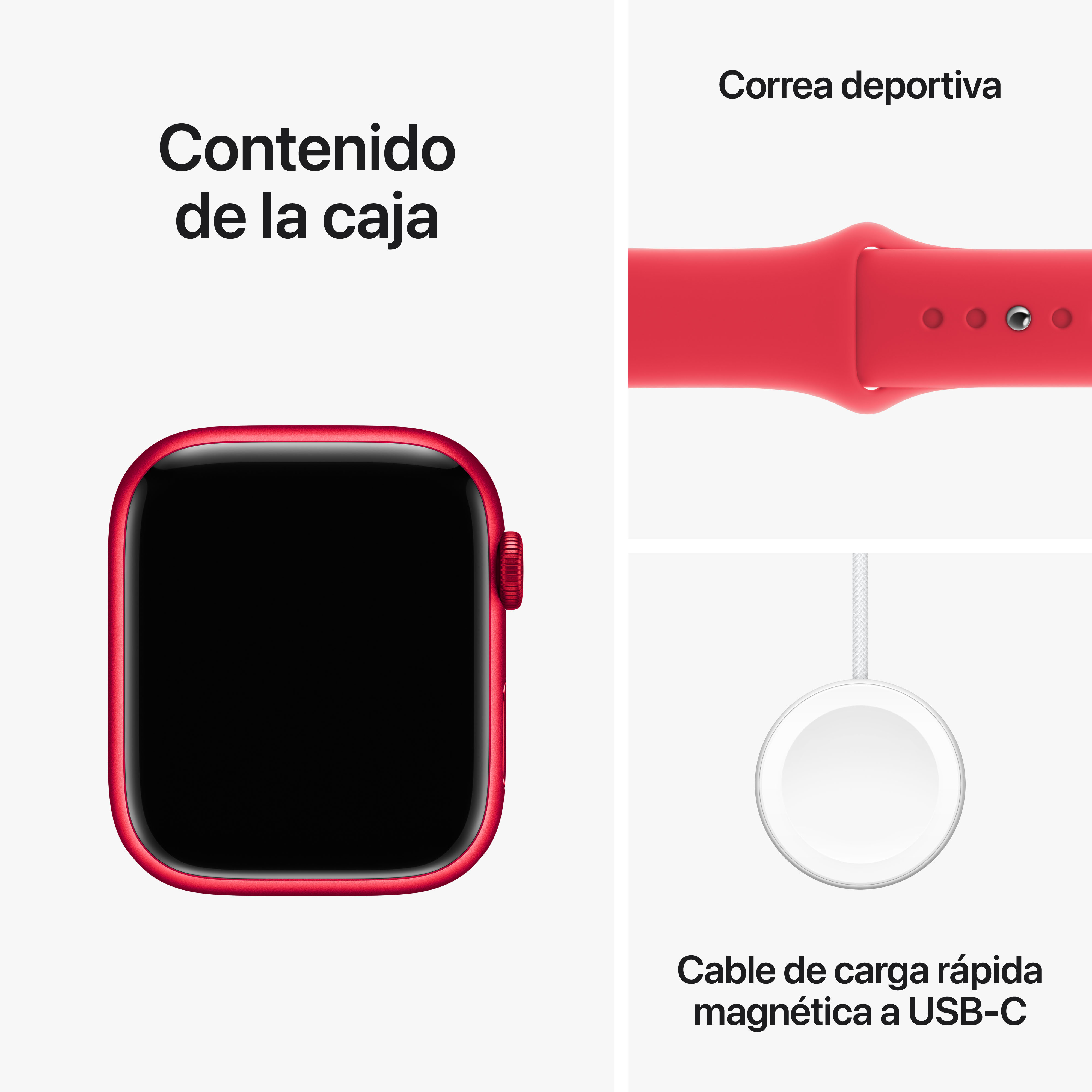 Primer plano de componentes del Apple Watch: esfera del reloj, correa deportiva roja y cable de carga.