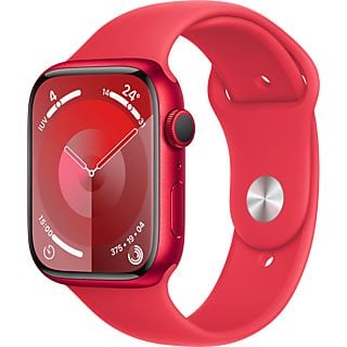 Apple Watch Series 9 (2023), GPS, 45 mm, Gesto de doble toque, Caja de aluminio roja, Correa deportiva (PRODUCT)RED, Talla S/M