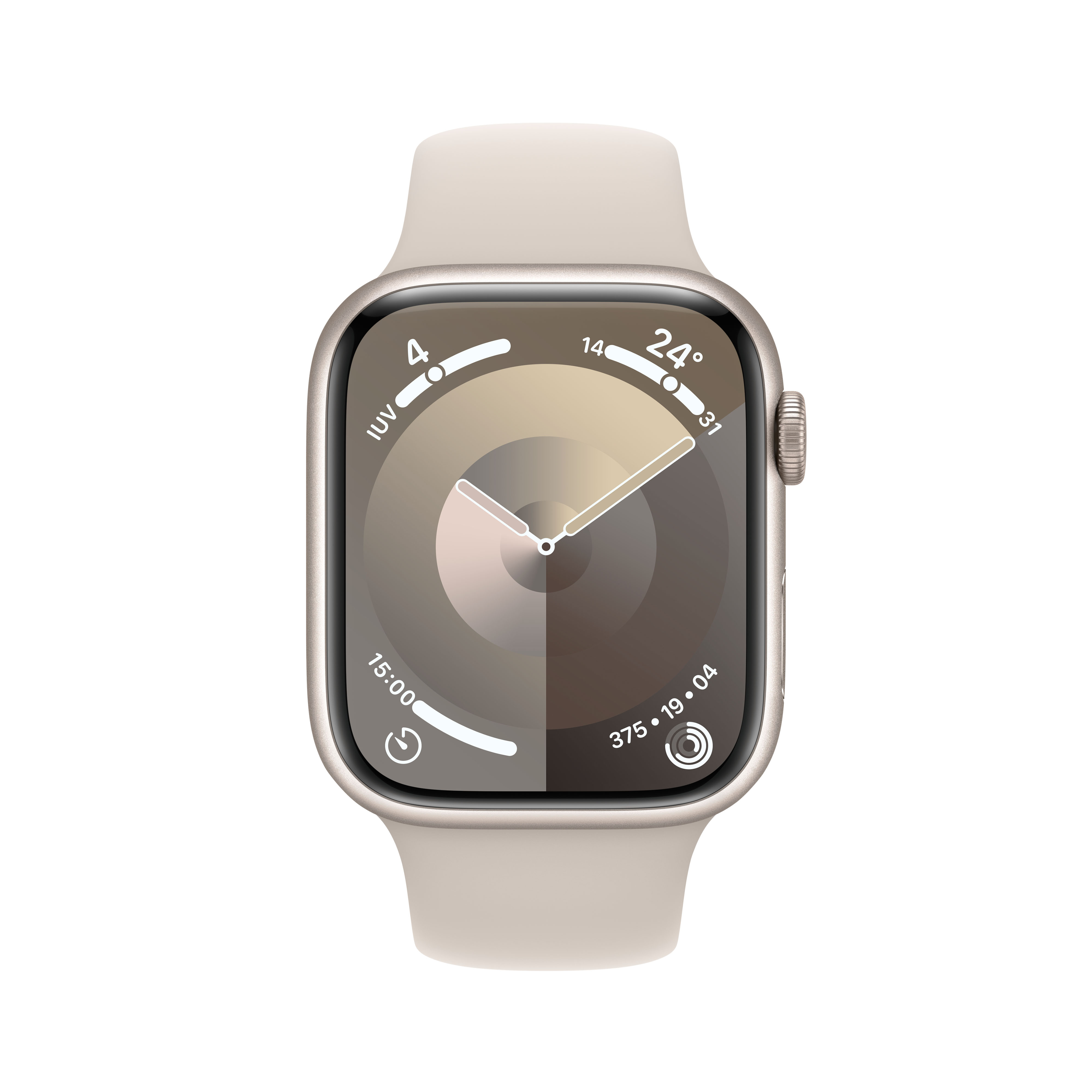 Un Apple Watch con correa beige, mostrando una esfera con hora y fecha.