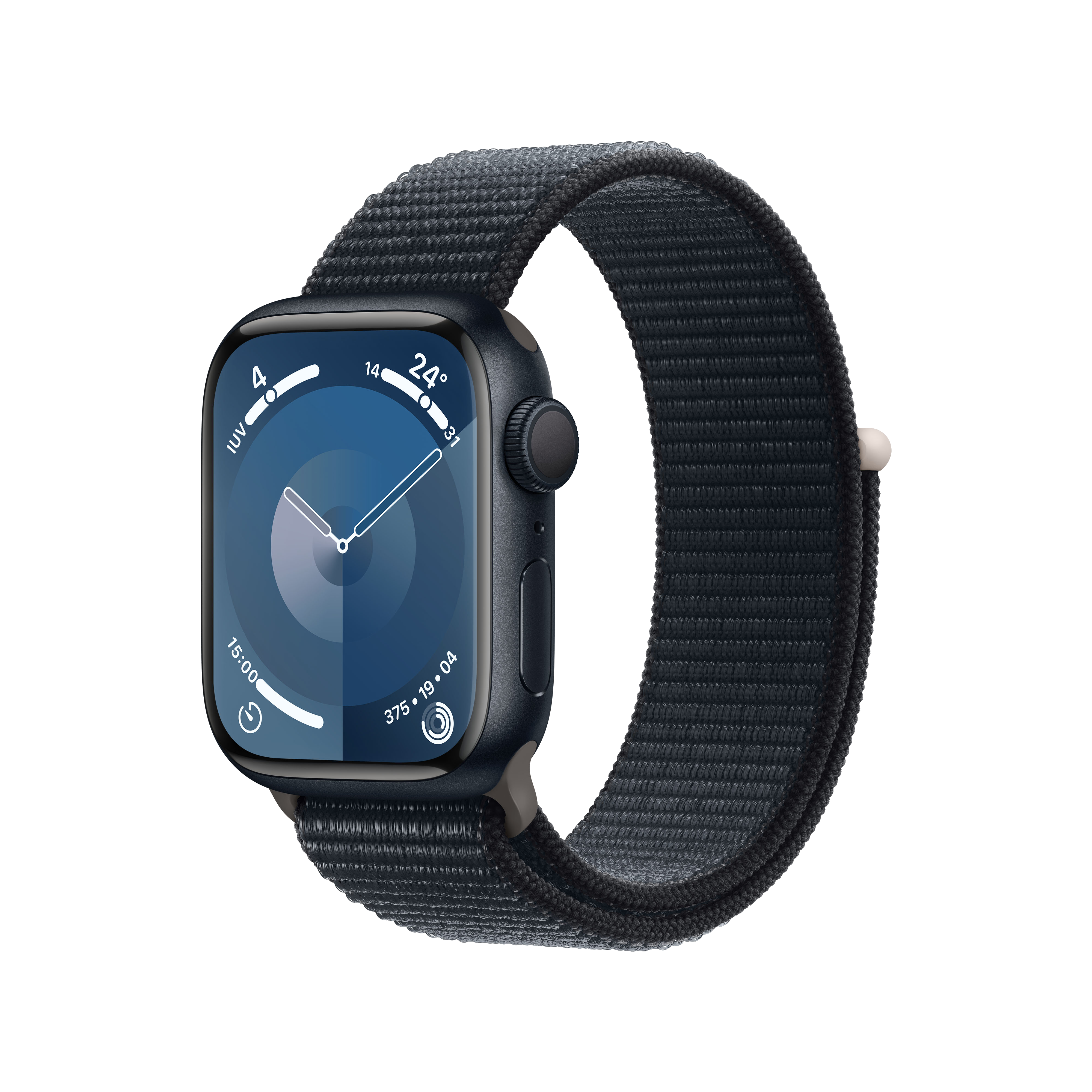 Apple Watch con correa de tela azul oscuro. La esfera muestra la hora y los datos.