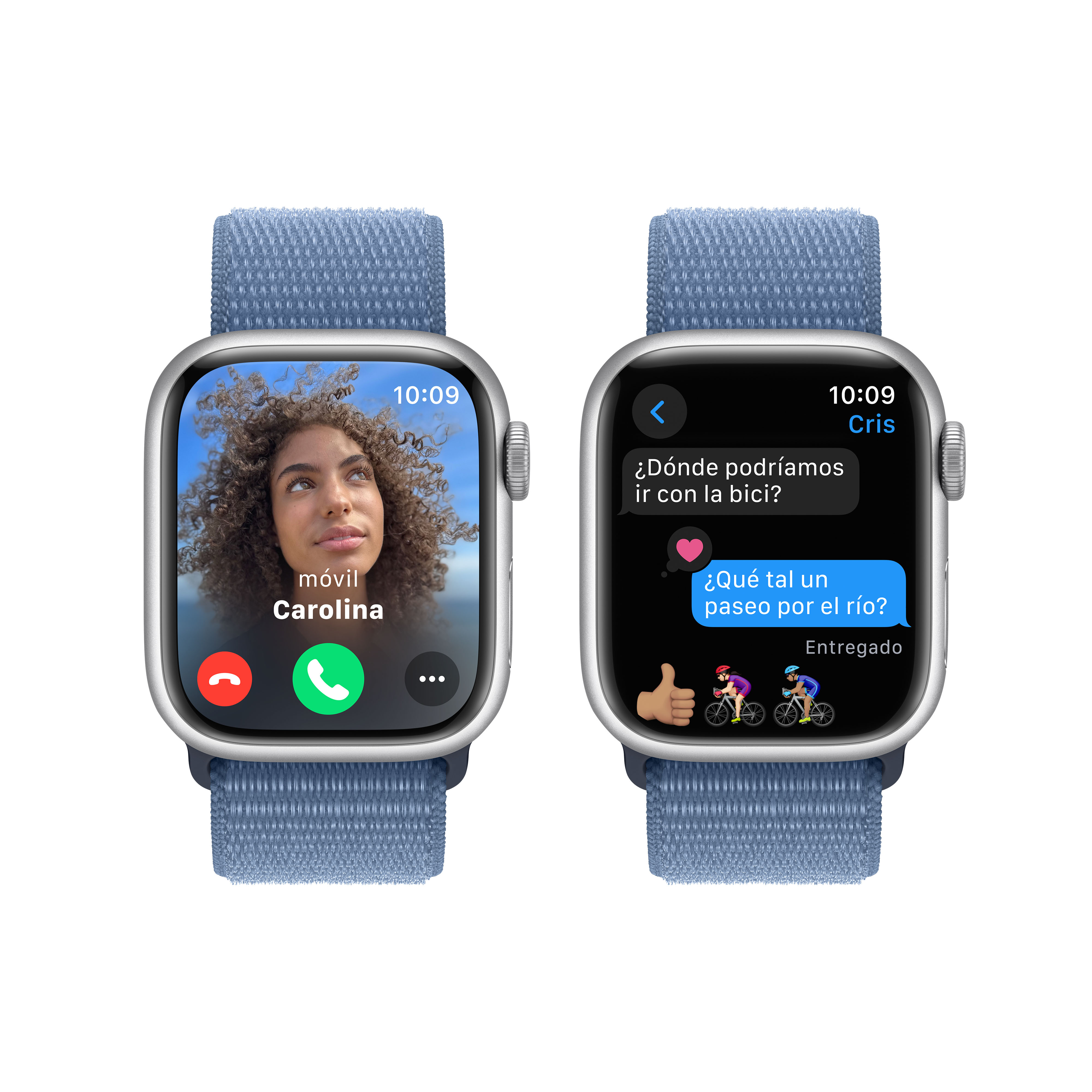 Dos Apple Watch mostrando videollamada y conversación con tema ciclismo.