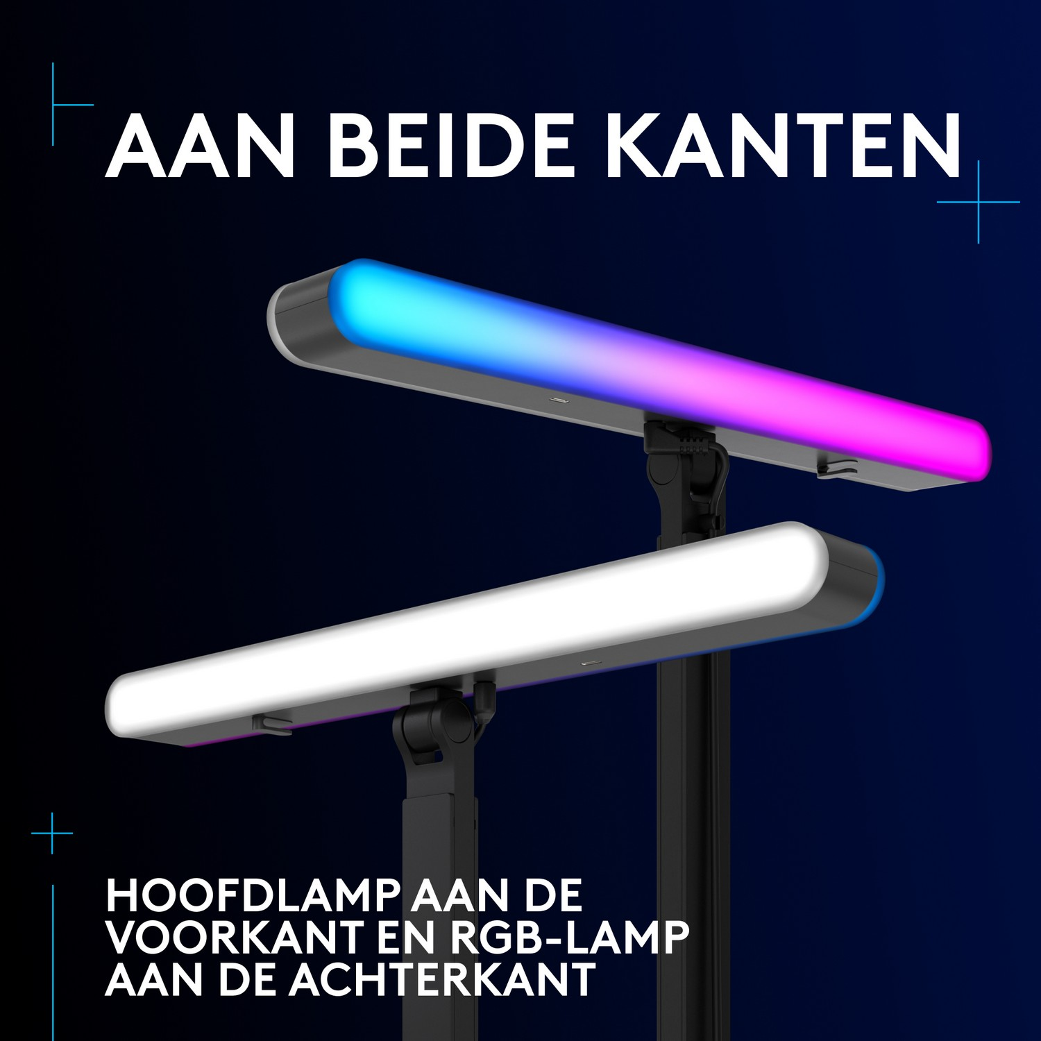 A lamp with two light bars, one white and one multi-colored.