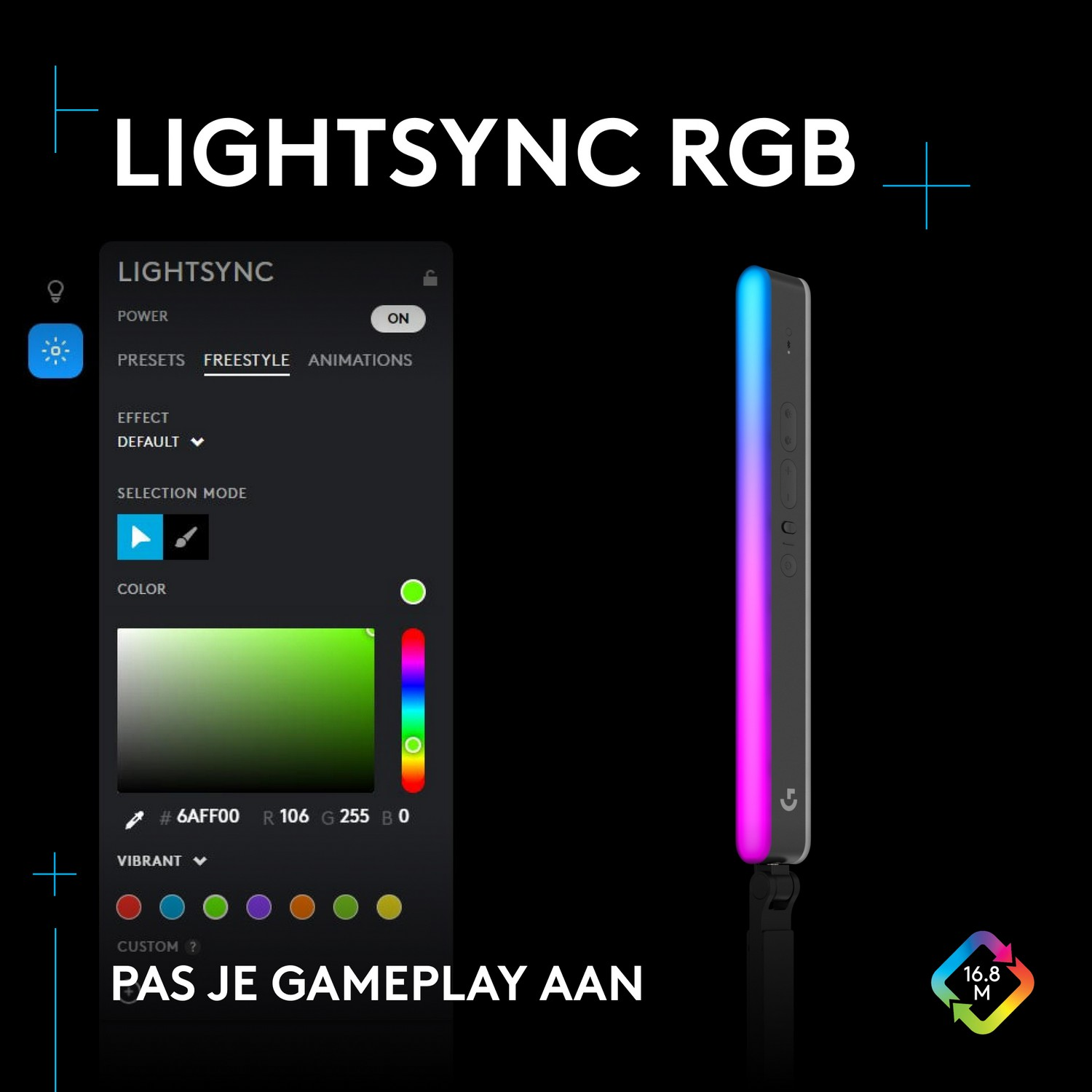 A gaming light bar with a control panel displaying color options and text in Dutch.