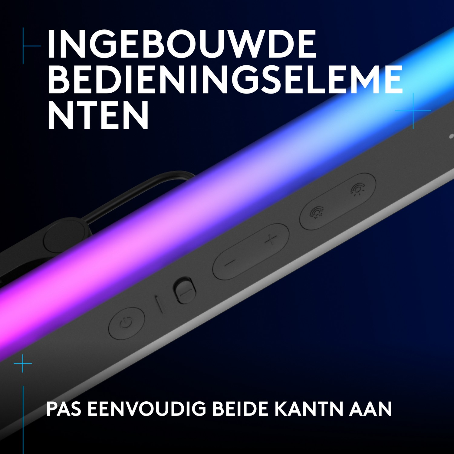 Close-up of a device. Control buttons are on the side. Text: Built-in controls. Easy to apply both sides.