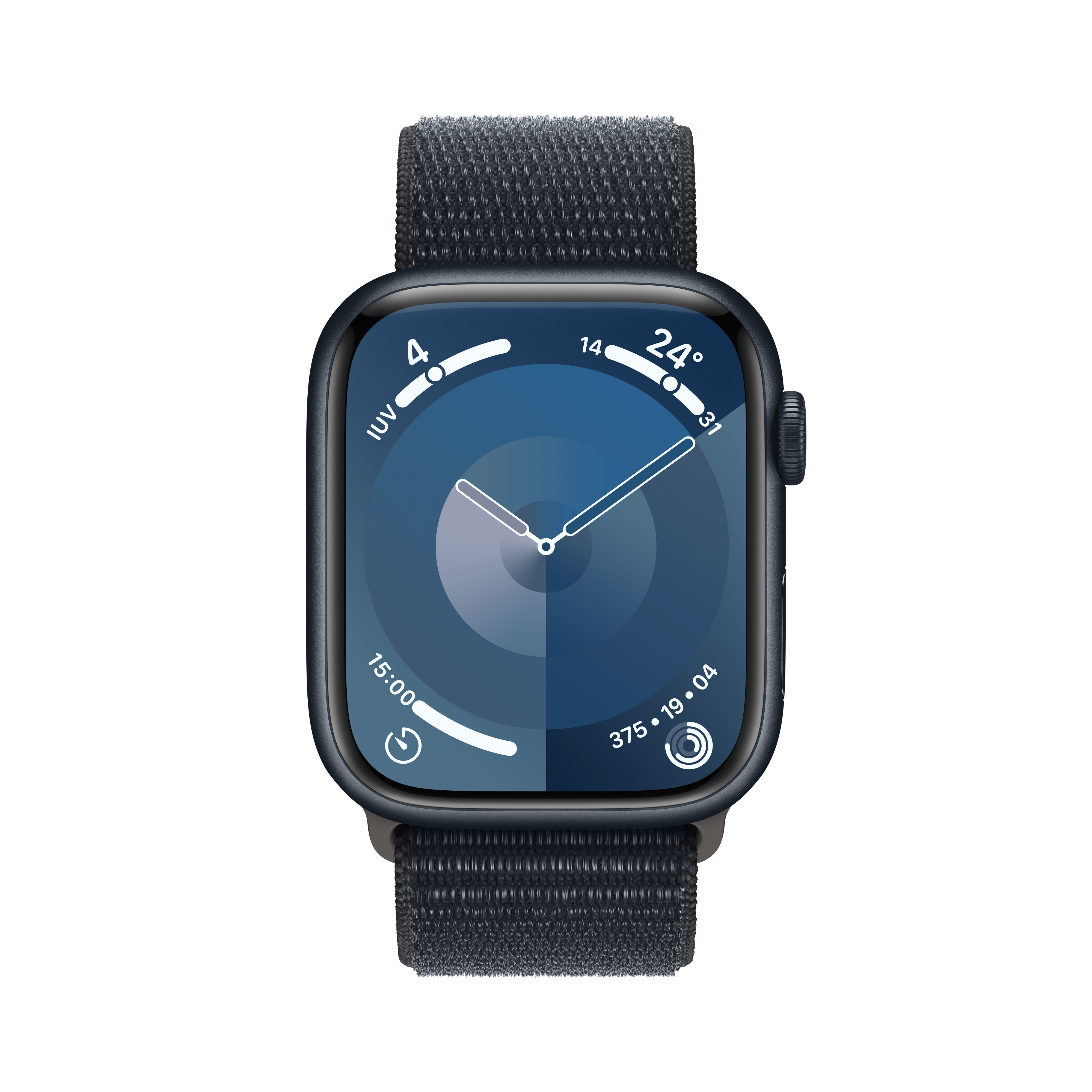 Un Apple Watch con una correa de tela azul oscuro que muestra un reloj digital y una interfaz circular.