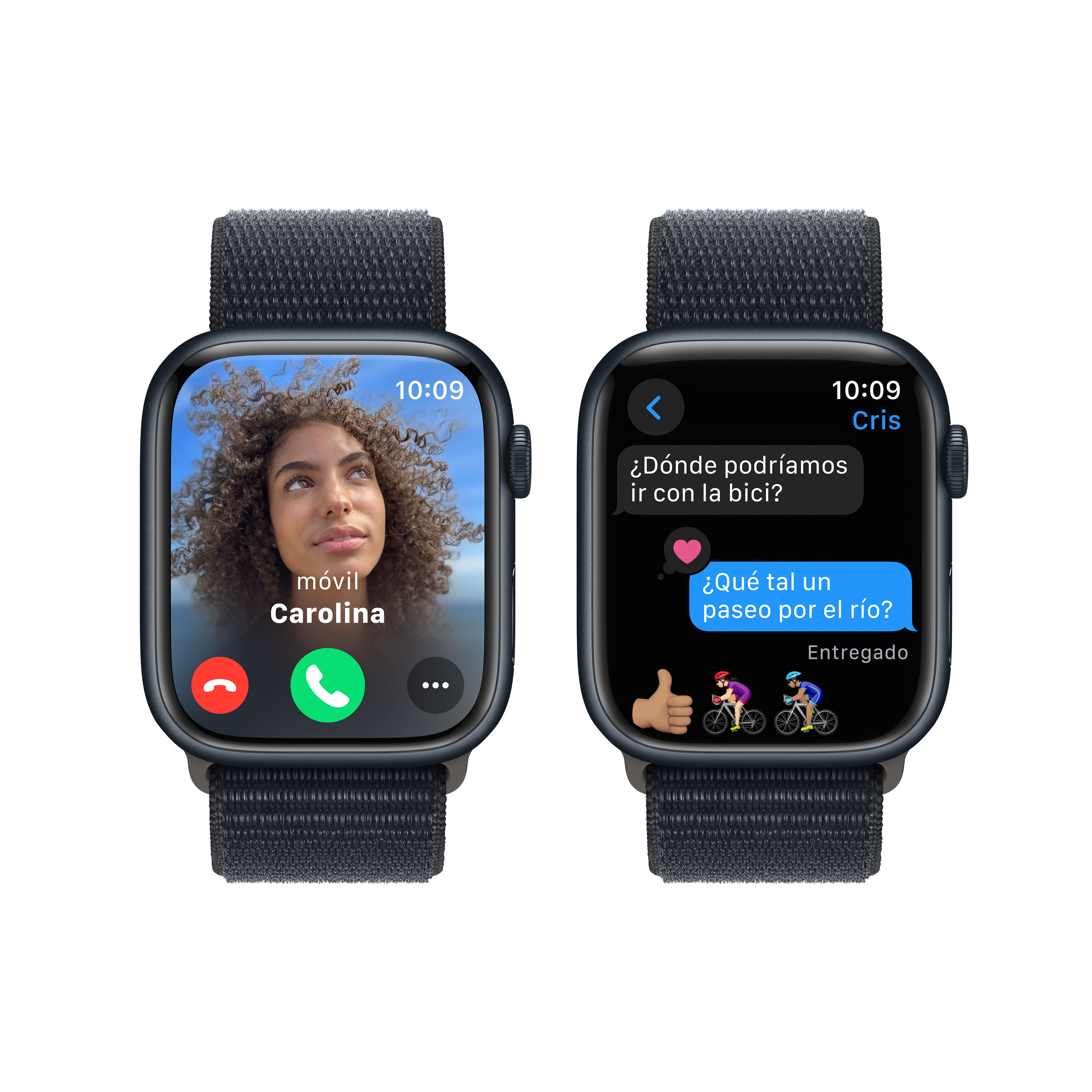 Dos relojes inteligentes mostrando videollamada y mensaje de texto.
