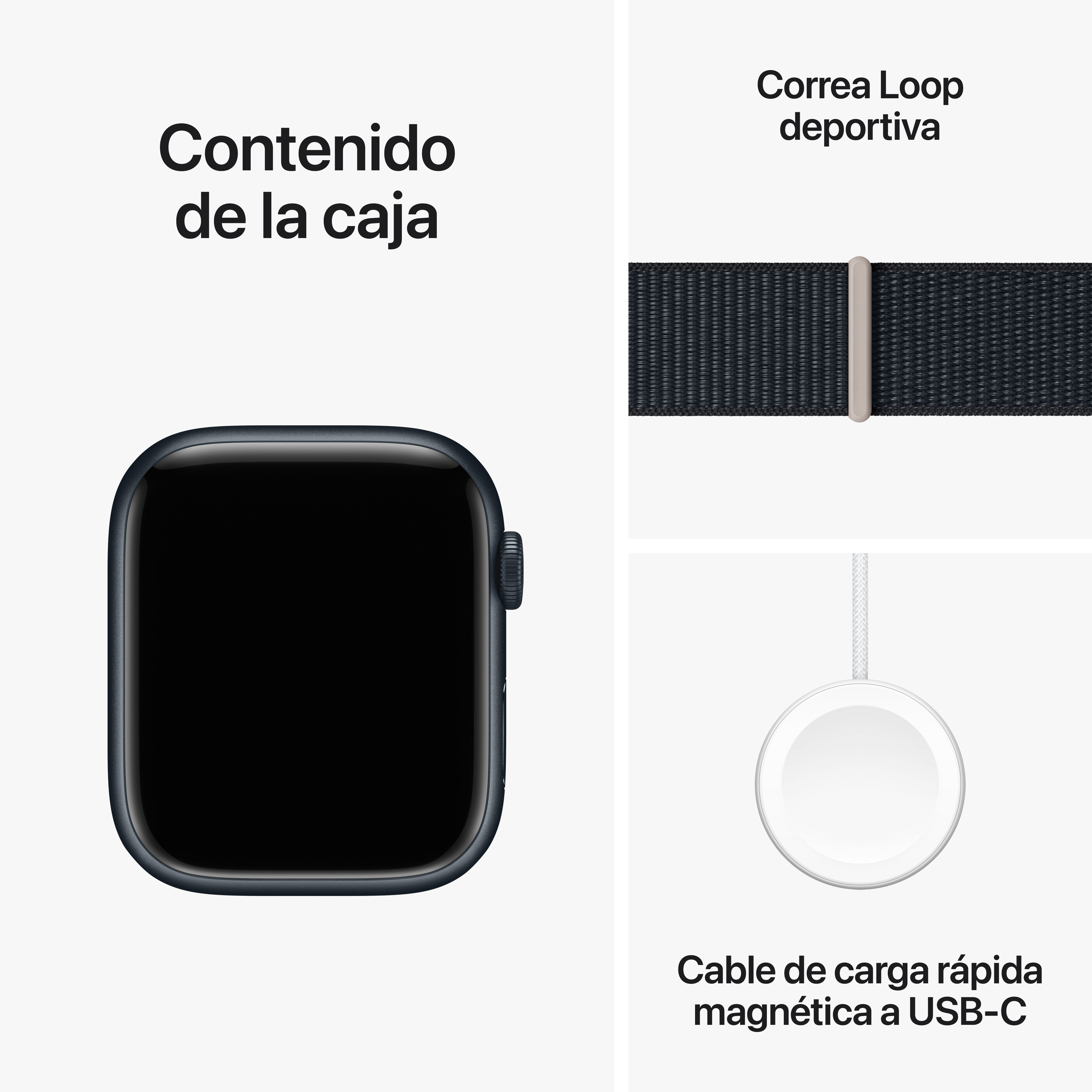Un Apple Watch negro, una correa y un cargador, con texto en español.