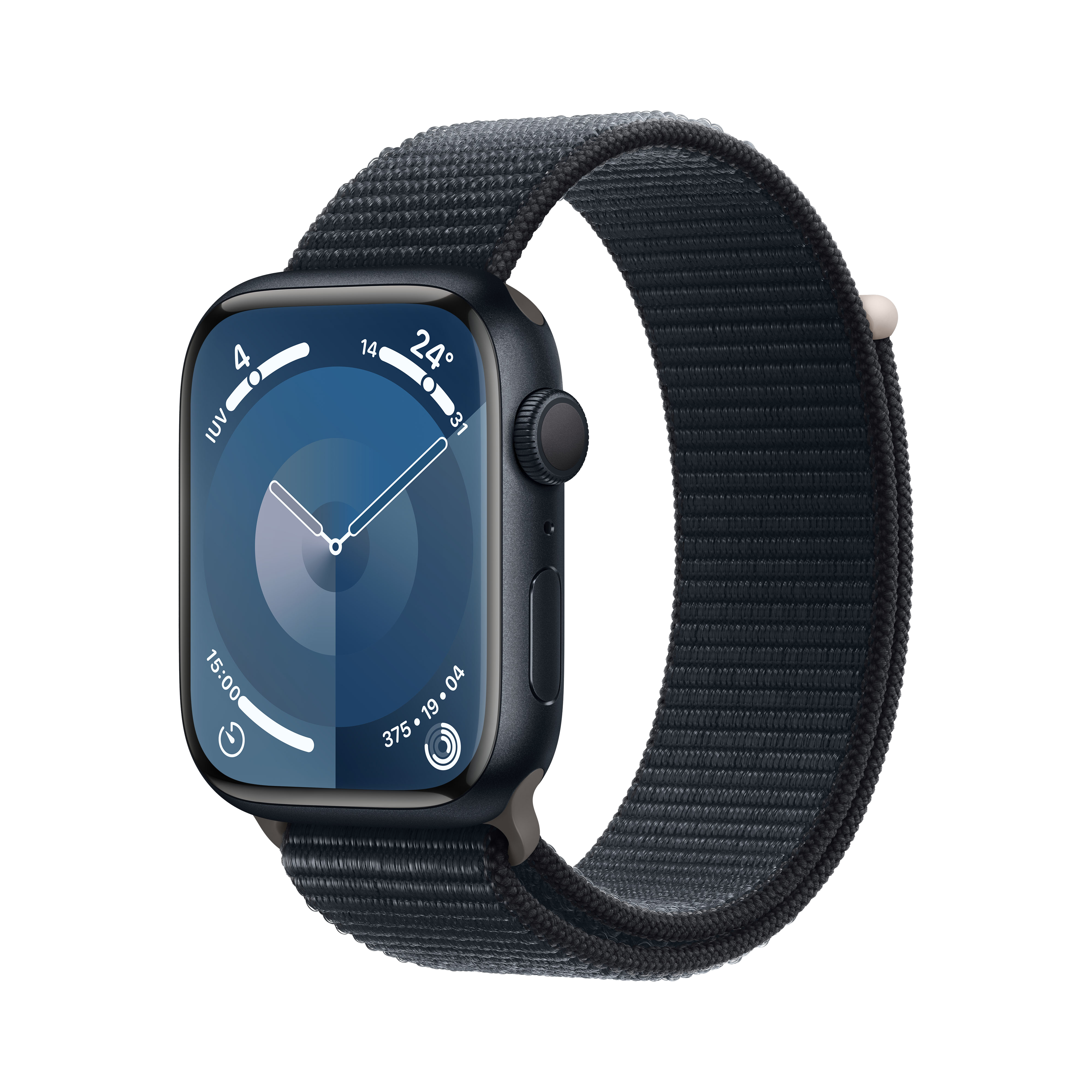 Apple Watch negra con correa azul oscuro, mostrando la hora y otros datos.