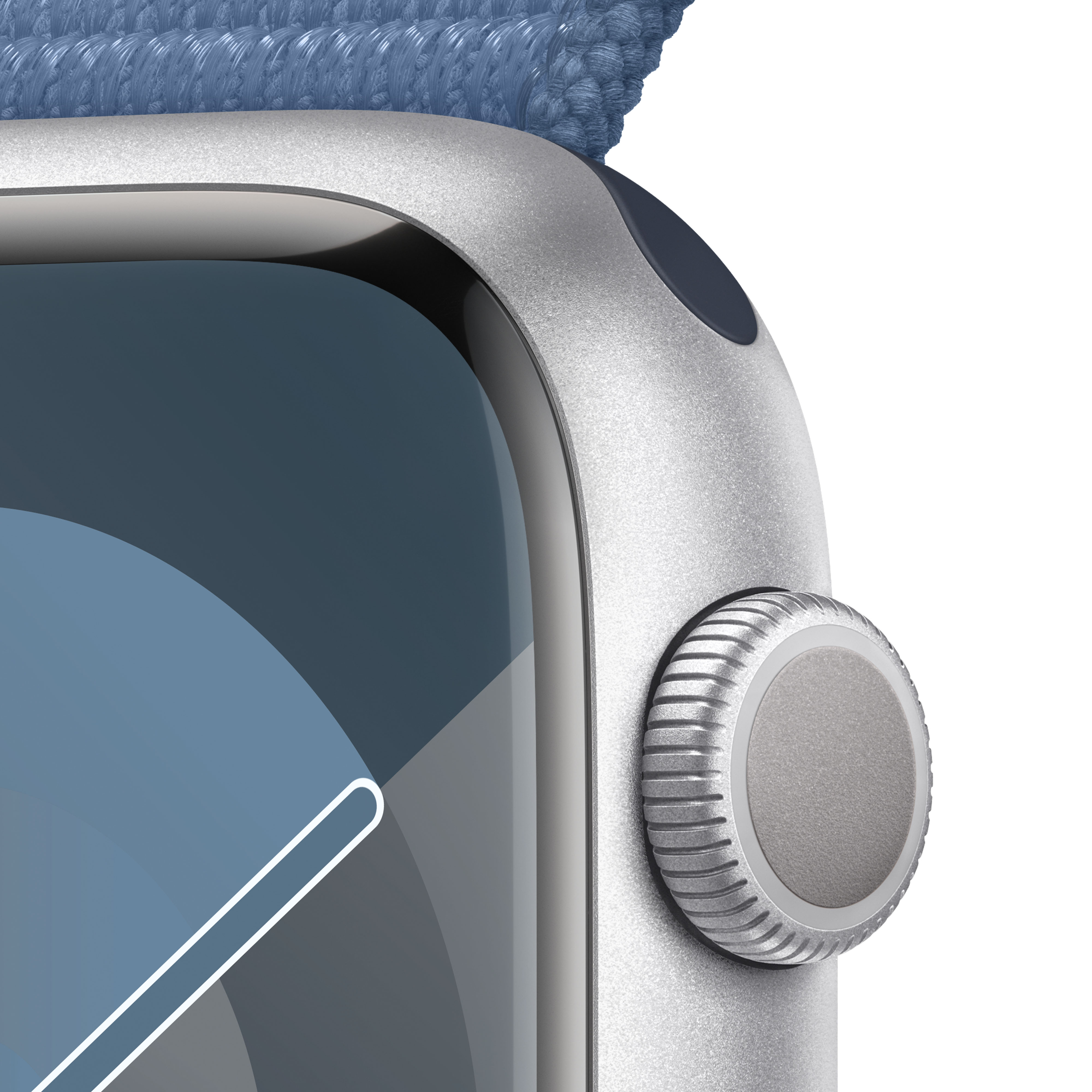 Primer plano de un Apple Watch que muestra el borde, la pantalla y parte de la correa azul.