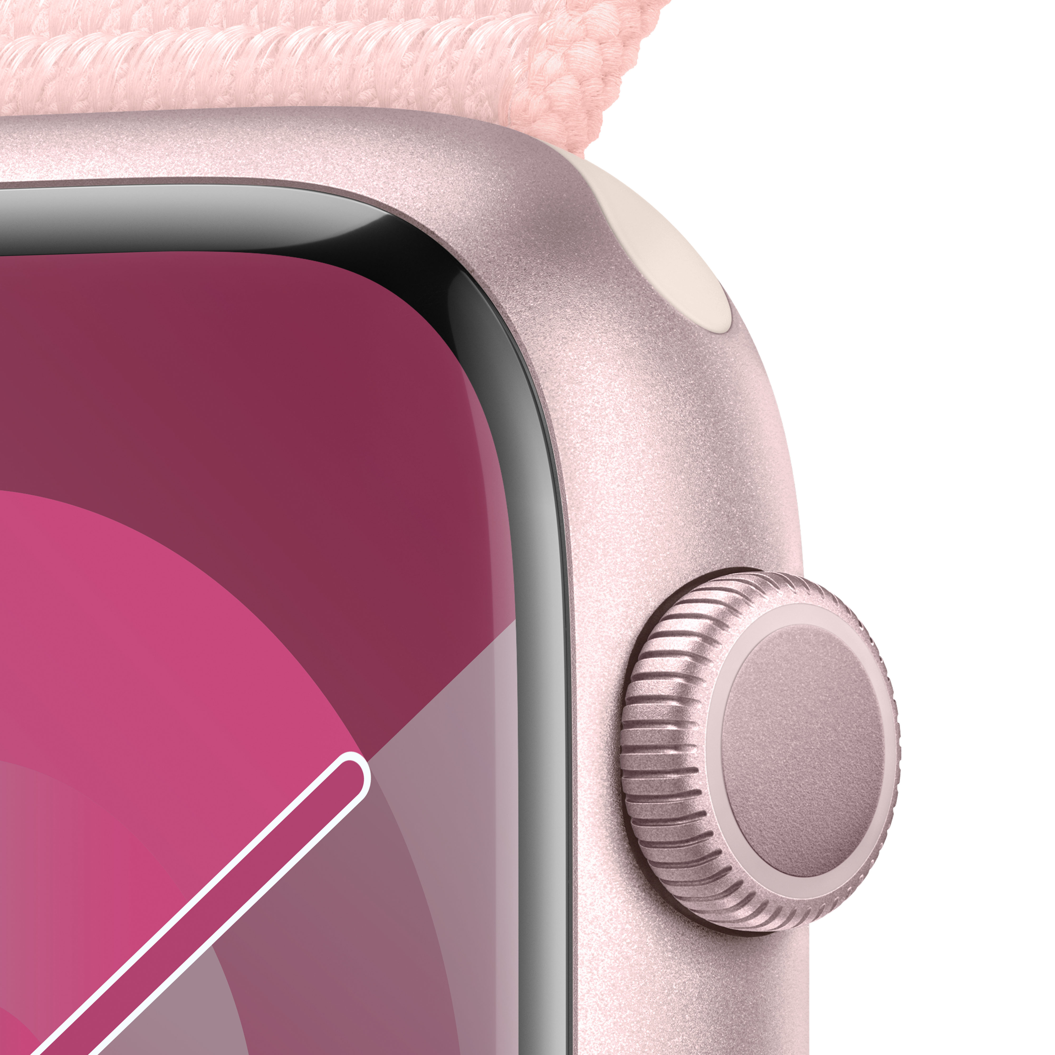 Primer plano de un reloj con cuerpo rosa y corona plateada. Banda rosa visible en la parte superior.