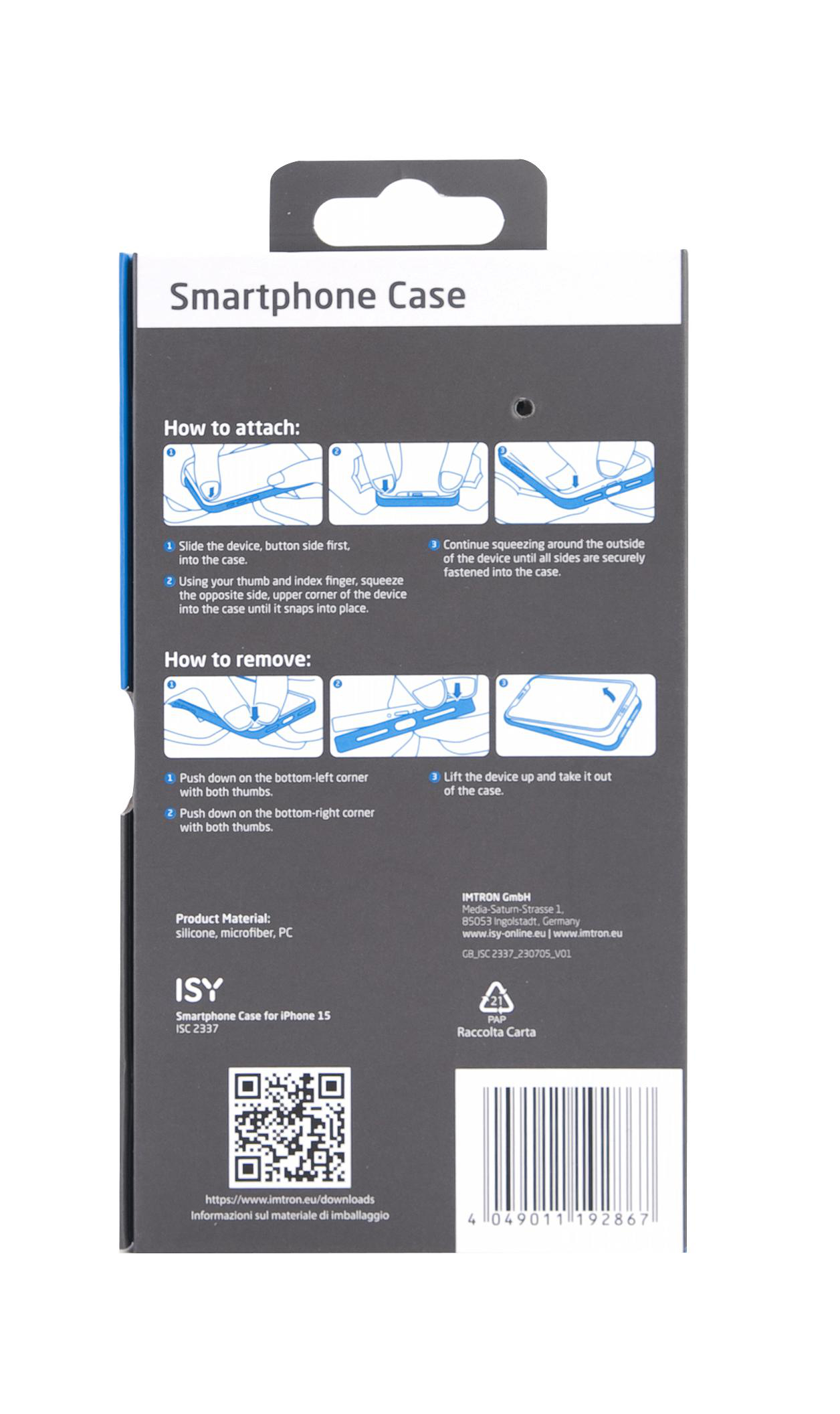 Verpackung einer Smartphone-Hülle mit Anweisungen zum Anbringen und Entfernen.