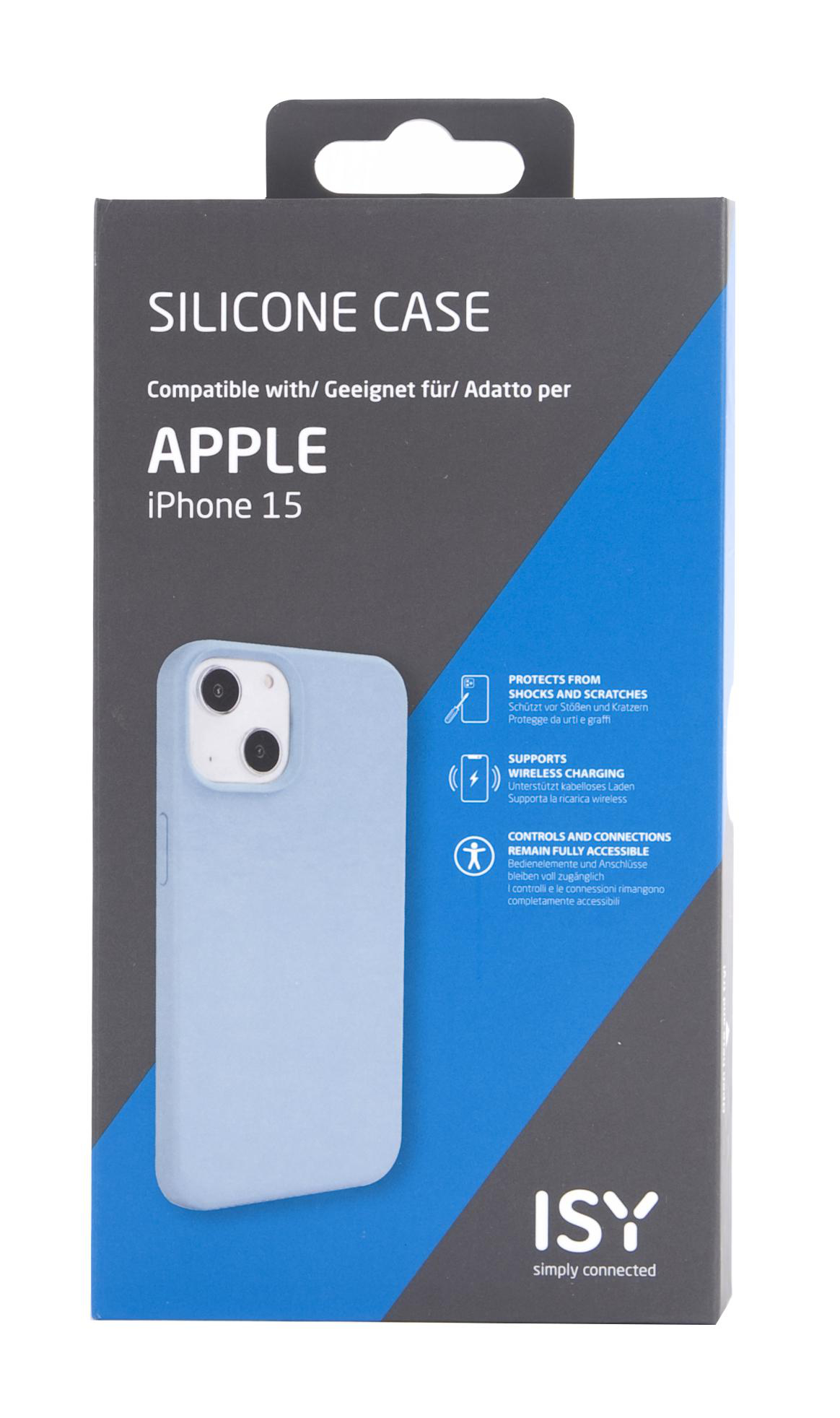 Blaue iPhone 15 Hülle in Verpackung, mit Produktdetails.