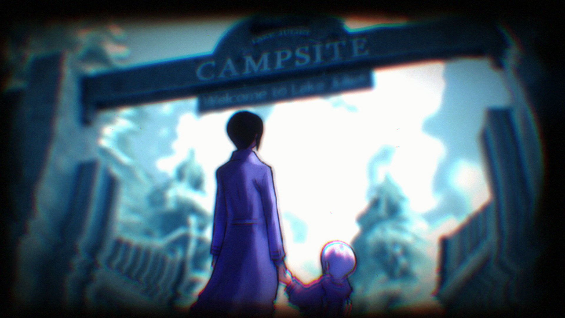 Ein Anime-Bild von zwei Personen, die auf ein Campingplatzschild zugehen.