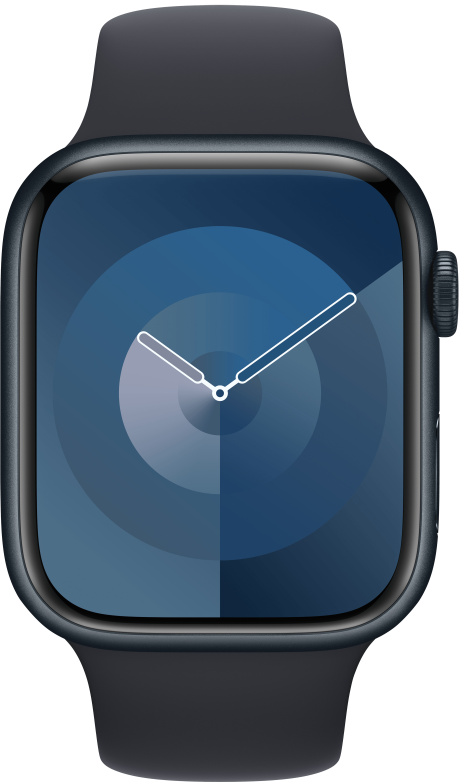 Egy Apple Watch közeli képe sötétkék szíjjal és számlappal. A számlapon fehér színnel jelenik meg az idő.