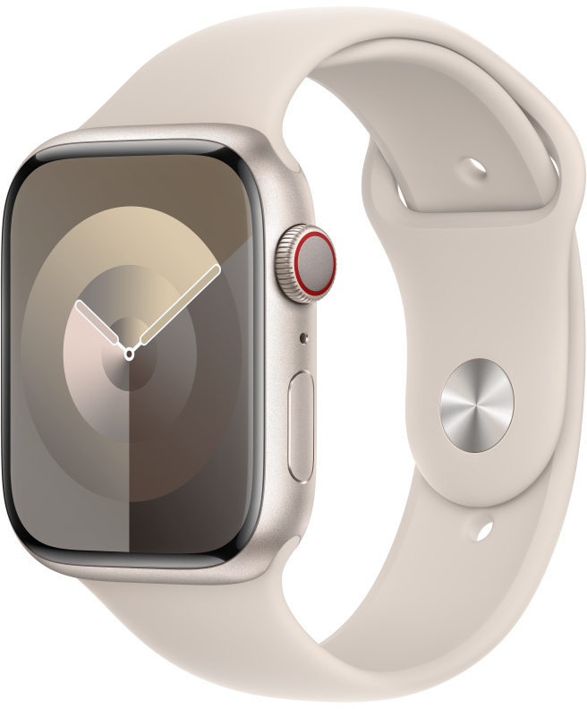 Egy Apple Watch krémszínű szíjjal és kör alakú számlappal.