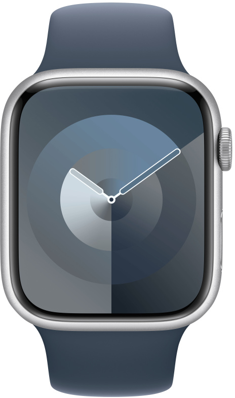 Egy ezüst Apple Watch kék szíjjal. Az óralap egy átmeneti kör, mutatókkal, ami az időt jelzi.