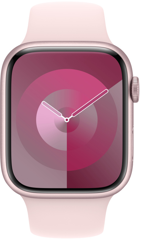 Egy rózsaszín Apple Watch rózsaszín és magenta színátmenetekkel, fehér mutatókkal. A szíj is rózsaszín.
