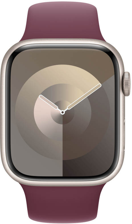 Egy Apple Watch bordó szíjjal és arany színű számlappal, mely egy kör alakú interfészt mutat az órával.