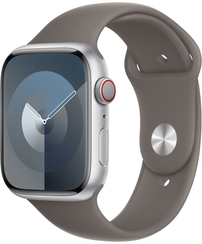 Ezüst Apple Watch szürke szíjjal. A számlap sötétkék átmenetet mutat. Piros gomb az oldalon.