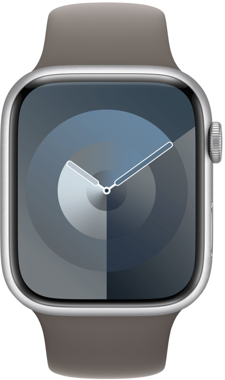 Egy ezüst Apple Watch közeli képe szürke szíjjal, kék-szürke kör alakú számlappal.