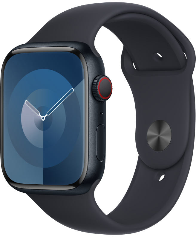 Sötétkék Apple Watch. Sötétkék szíj, sötétkék képernyő óramutatókkal és háttérrel.