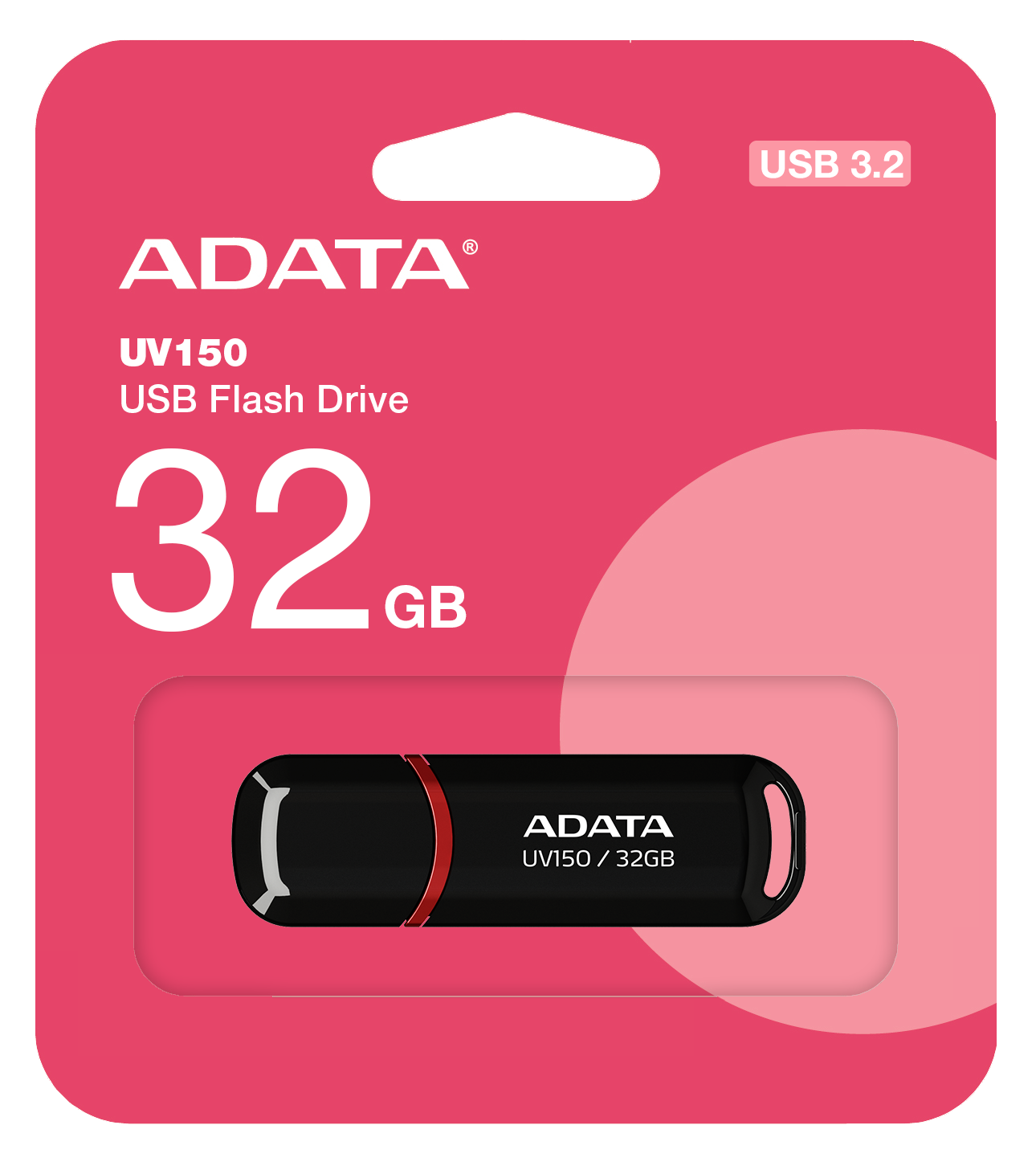 Egy USB pendrive rózsaszín-fekete csomagban. A márka ADATA, a kapacitás 32 GB.