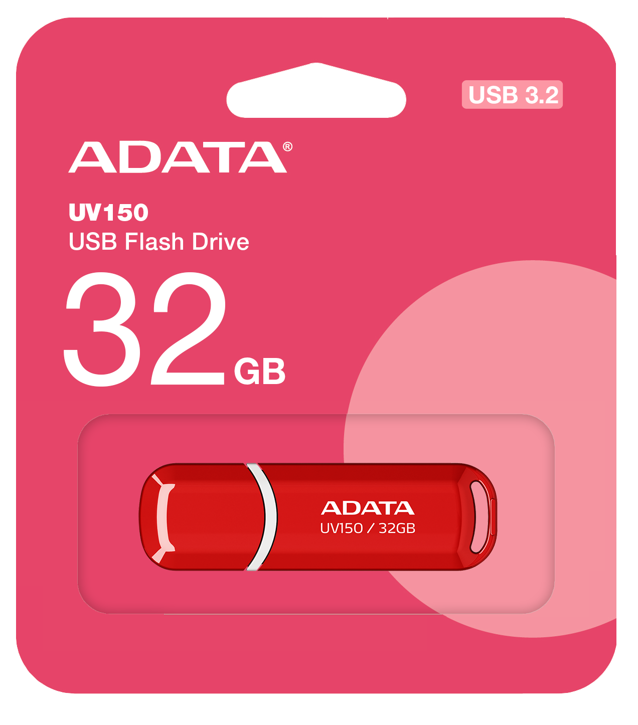 ADATA USB flash meghajtó piros színben, 32 GB. A csomagolás rózsaszín, fehér szöveggel.