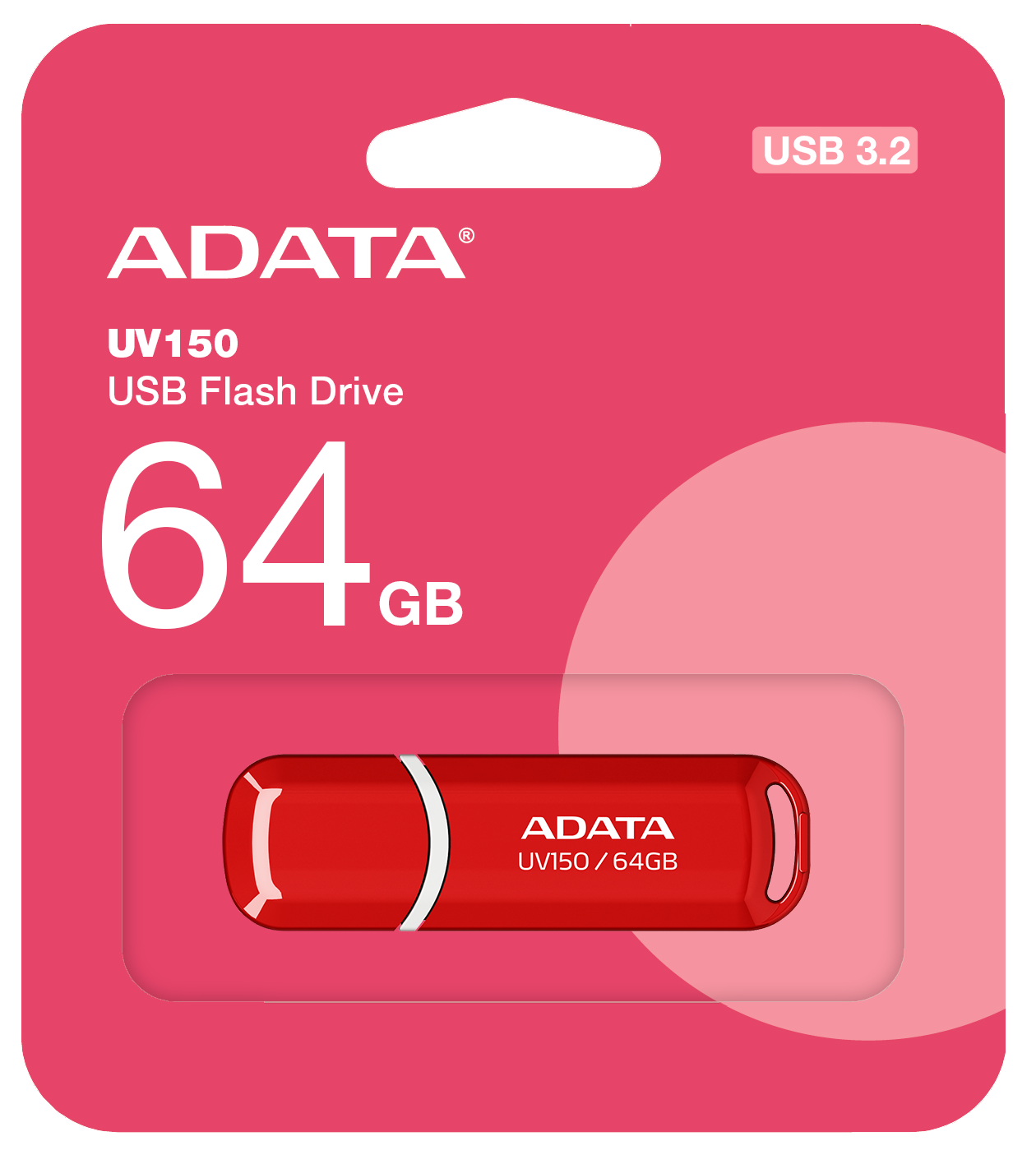 ADATA UV150 64GB USB flash drive csomag. Piros pendrive elöl. Rózsaszín-fekete csomag háttér.