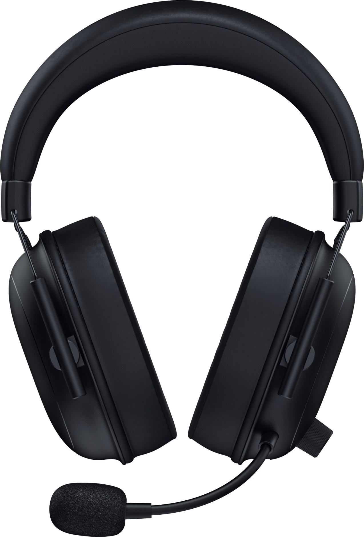 Cuffie nere con microfono. Le cuffie sono over-ear e hanno padiglioni spessi e una fascia imbottita.