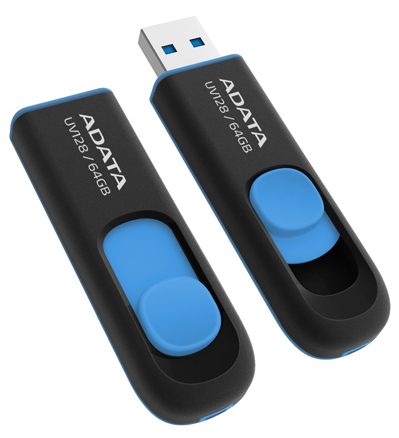 Két fekete-kék ADATA USB meghajtó egymás mellett, az USB vége felfelé.