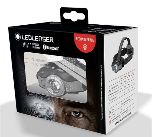 LEDLENSER MH11 fejlámpa dobozban, Bluetooth-szal. A lámpát és a specifikációkat mutatja.