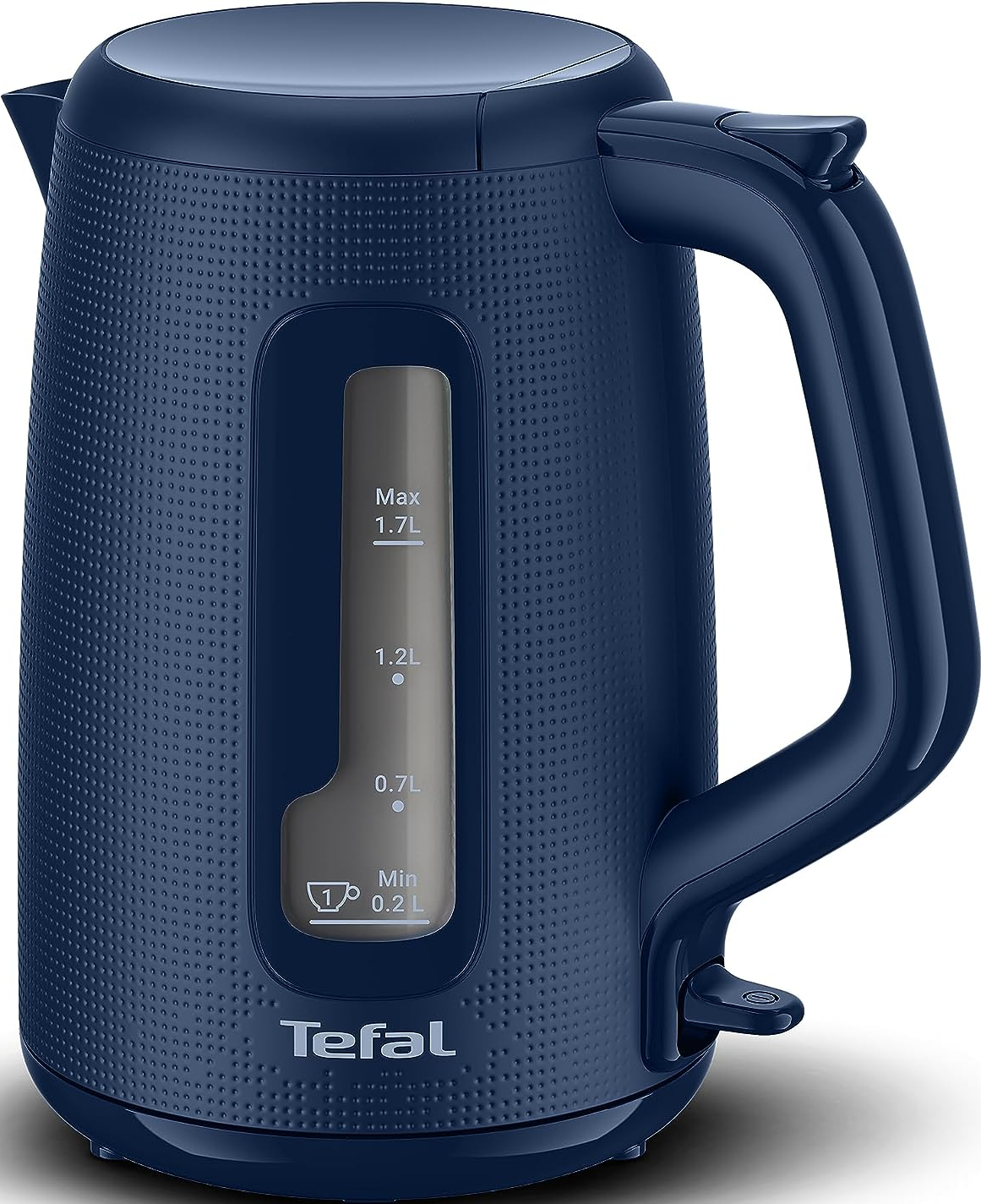 Blauer Wasserkocher mit Wasserstandsanzeige. Markenname Tefal.