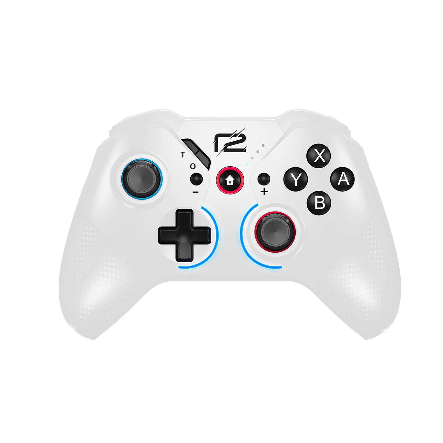 Weißer Videospiel-Controller mit schwarzen Knöpfen und Steuerkreuz.