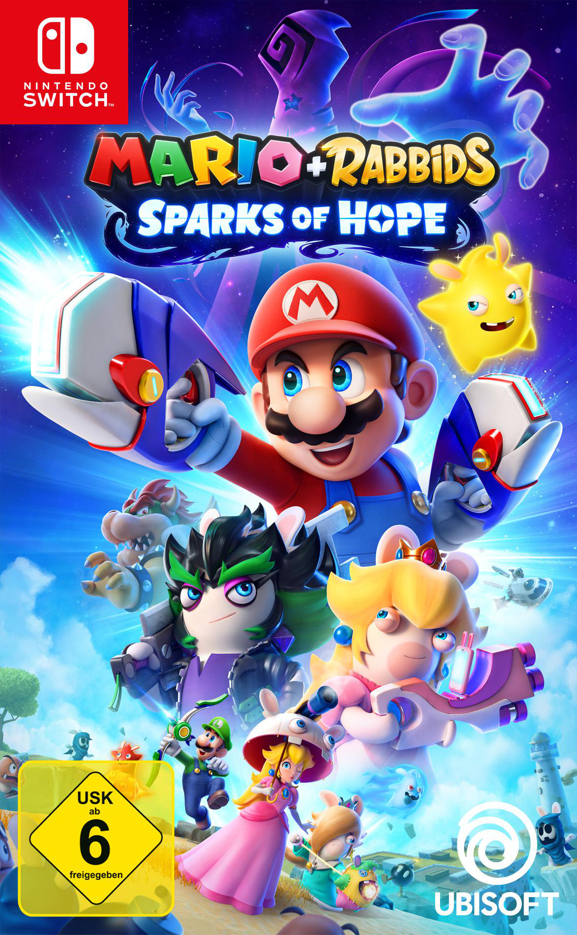 Nintendo Switch-Spielecover: Mario + Rabbids Sparks of Hope, mit Mario, Rabbids und anderen Charakteren.