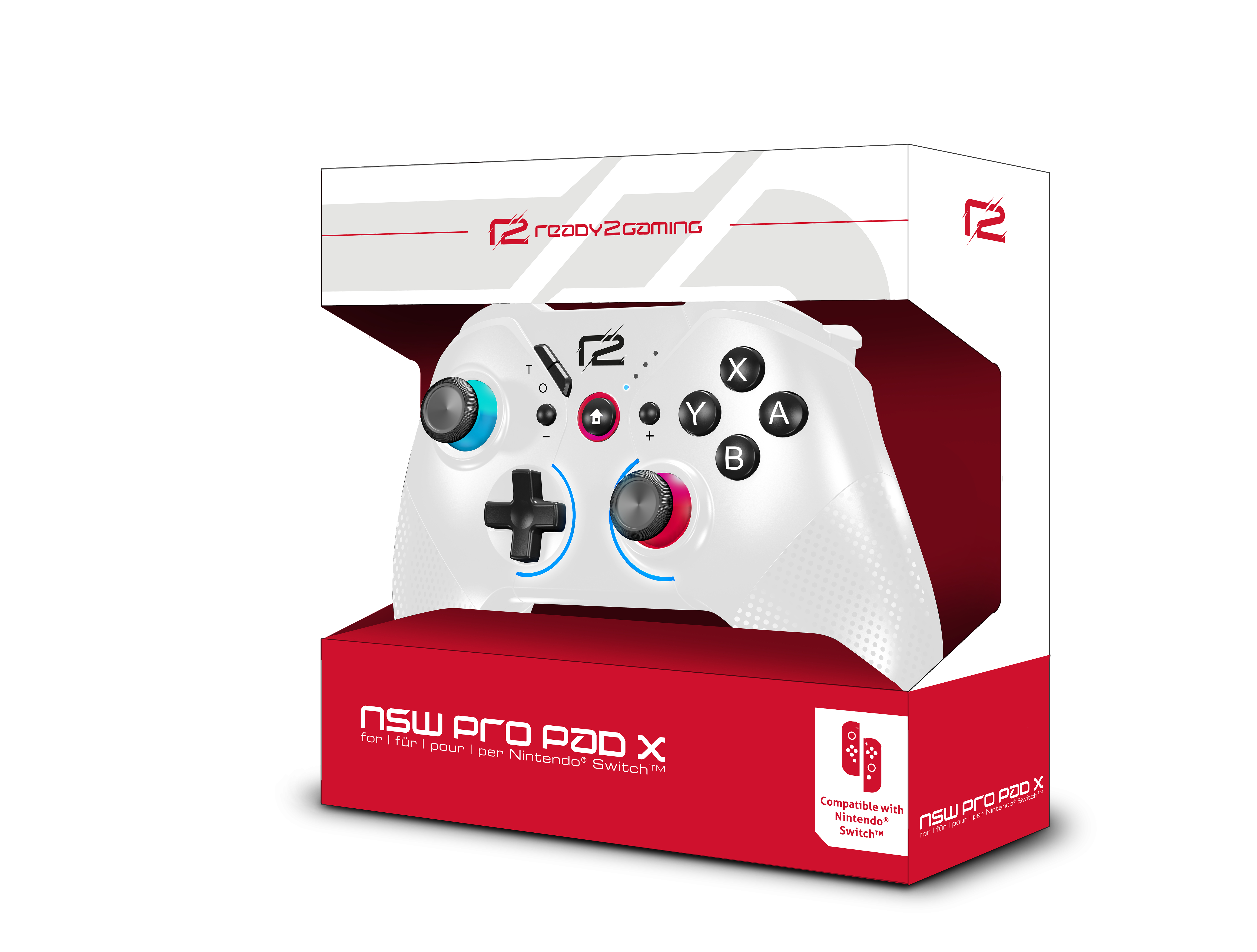 Weißer 'r2' Gaming-Controller in einer rot-weißen Box. Der Controller hat farbige Knöpfe und Joysticks.