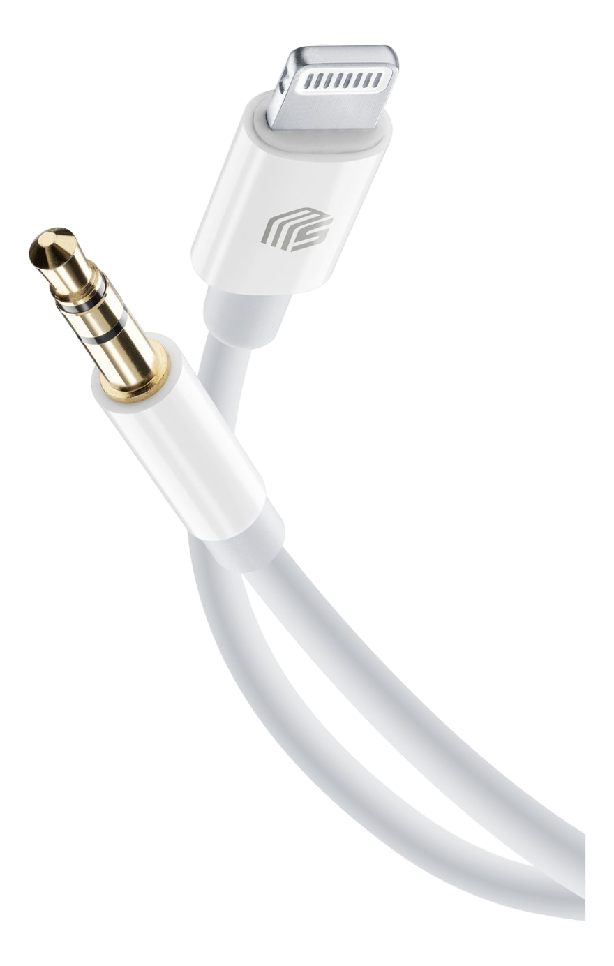Weißes Kabel mit Lightning-Anschluss und 3,5-mm-Klinke auf schwarzem Hintergrund.