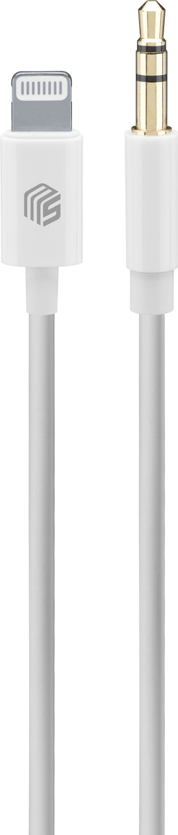 Weißes Lightning-auf-3,5-mm-Audiokabel. Weißer Stecker an beiden Enden.