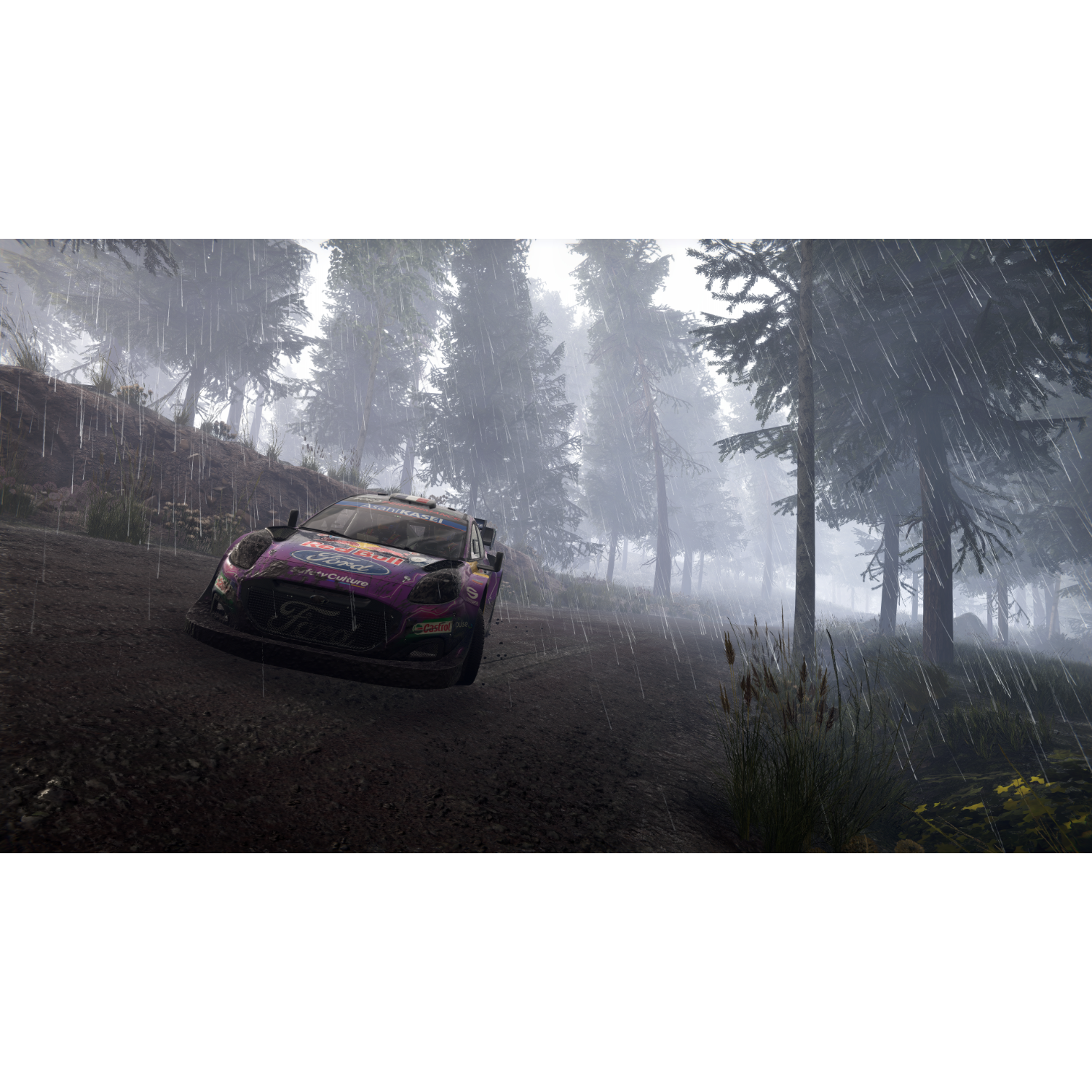 Een rallywagen rijdt door een regenachtig bos, donkere bomen en natte grond zichtbaar.