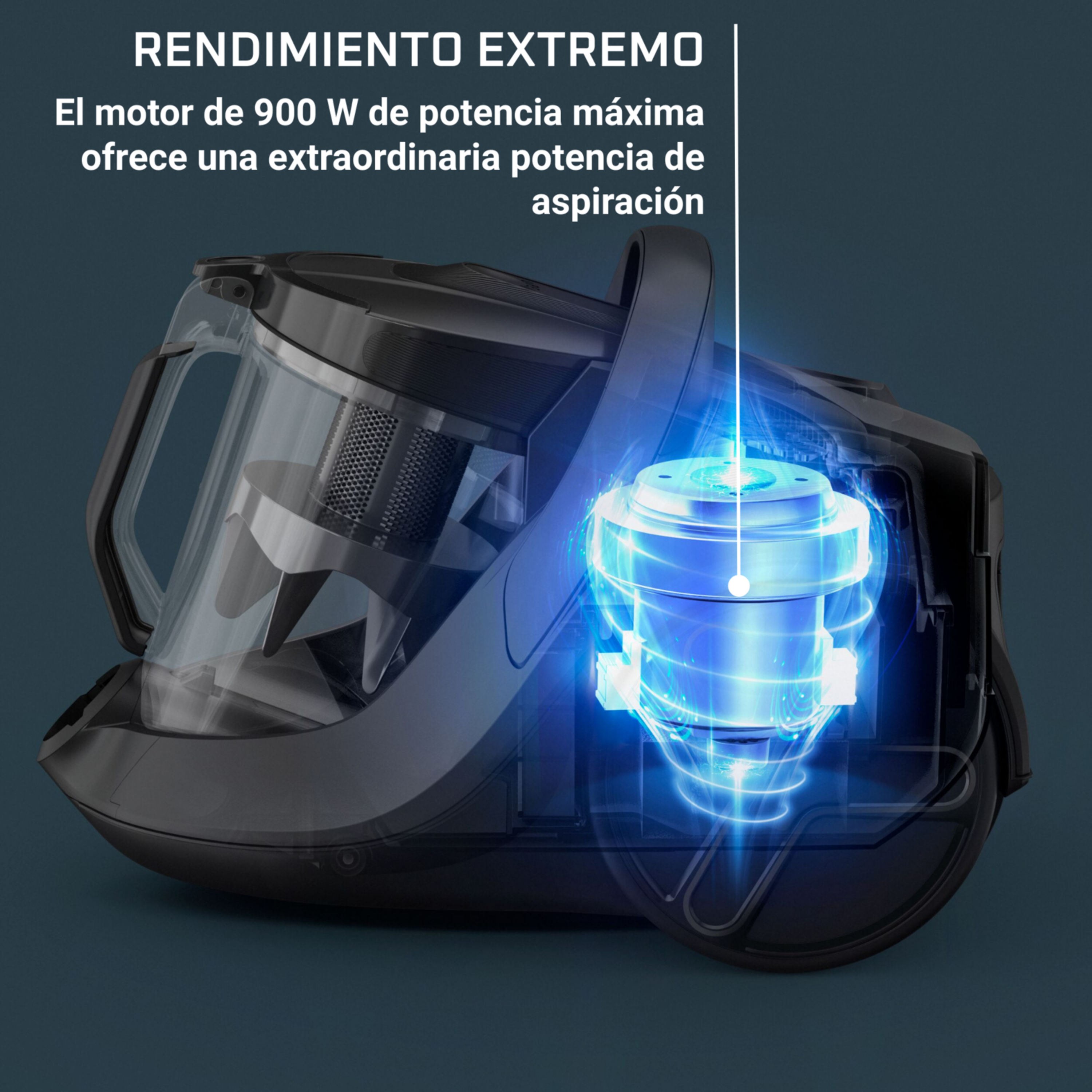 Aspiradora con vista interna que destaca su motor y componentes, sobre un fondo oscuro.
