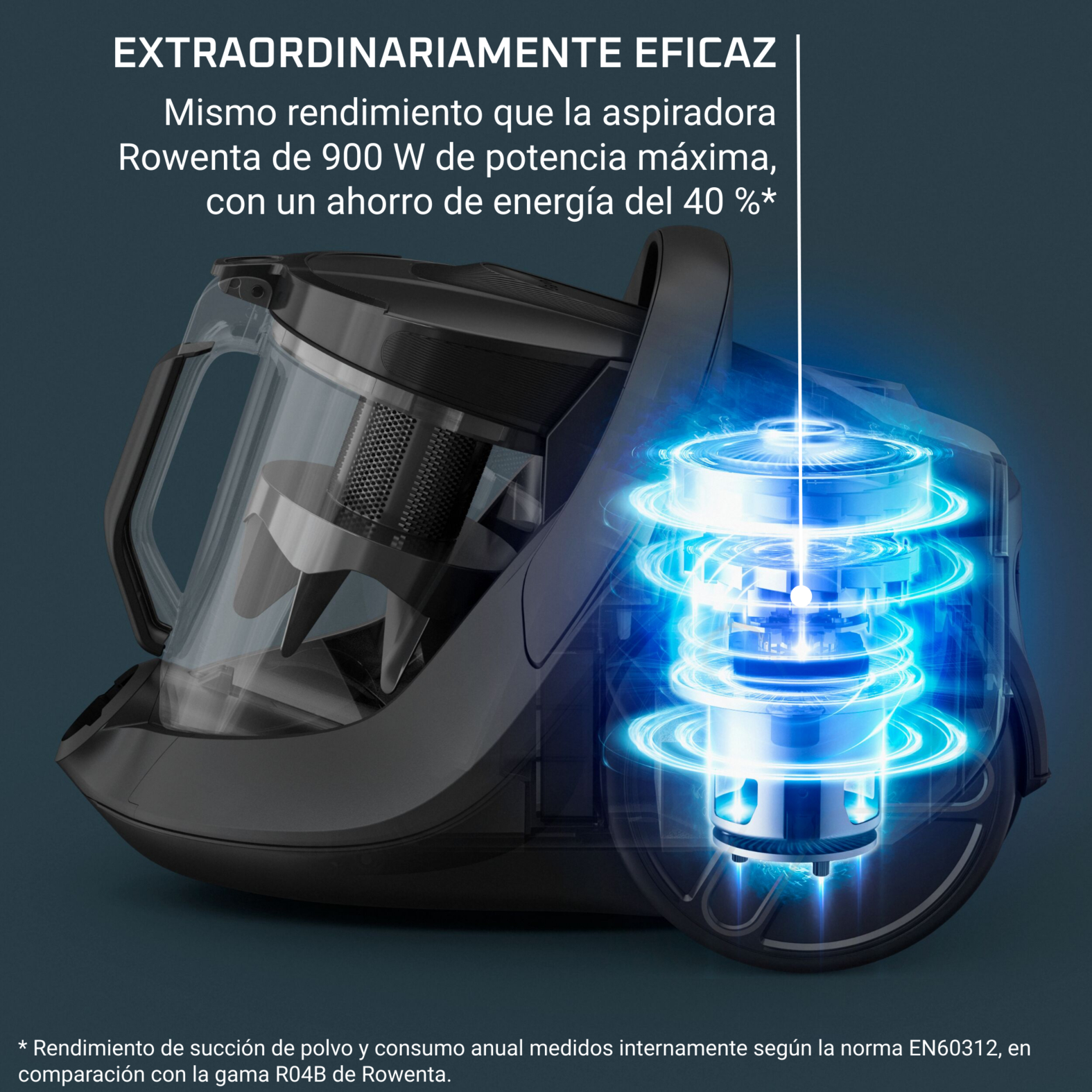 Aspiradora negra con resaltes de energía azules, mostrando los componentes internos.