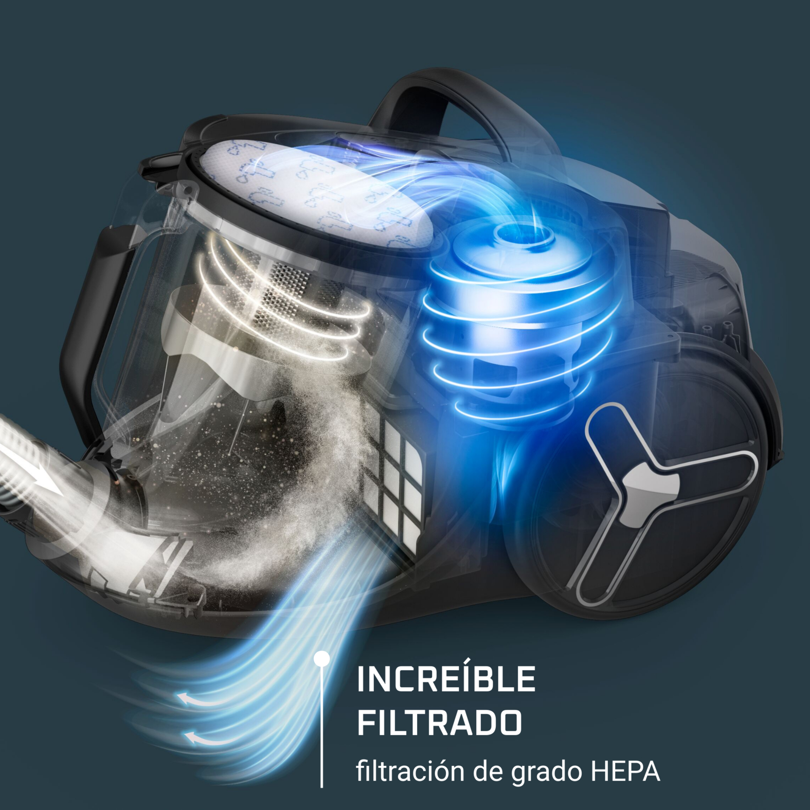 Aspiradora, sección transparente muestra el flujo de aire y filtración.