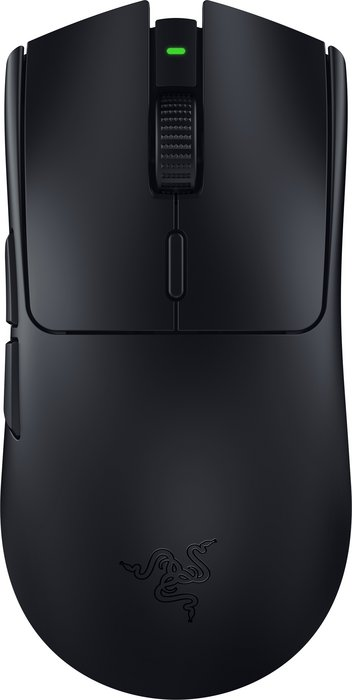 Schwarze Gaming-Maus mit Scrollrad und Seitentasten, Razer-Logo.