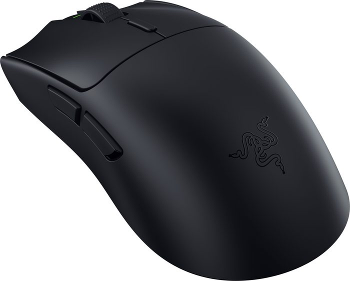 Eine schwarze Razer Gaming-Maus. Sie hat ein geschwungenes Design und mehrere Tasten und ein Scrollrad.