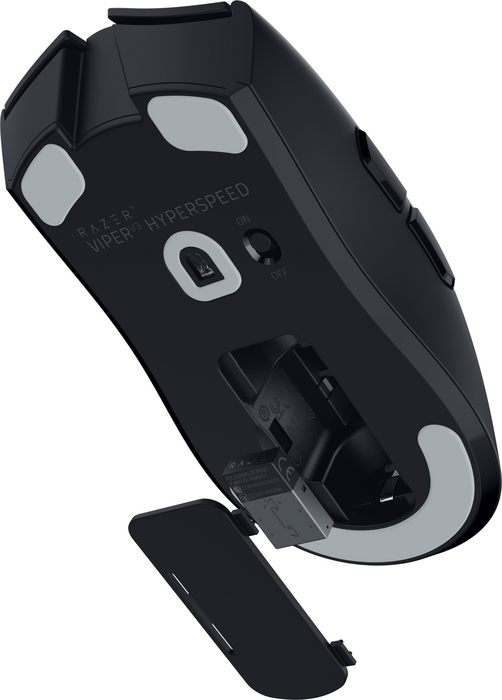 Schwarze Razer Viper V2 Pro Gaming-Maus, Unterseite, mit USB-Empfänger.