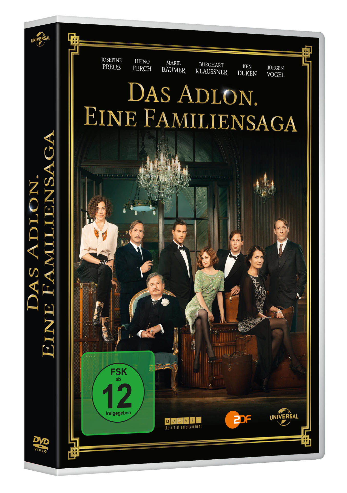 DVD-Cover mit Schauspielern in formeller Kleidung. Titel: Das Adlon, eine Familiensaga. Schwarz-Gold-Design.