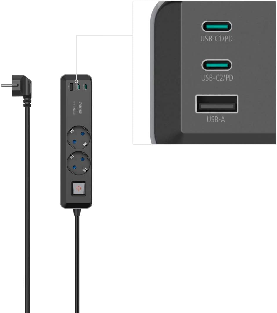Regleta negra con enchufes, puertos USB y un enchufe de alimentación.