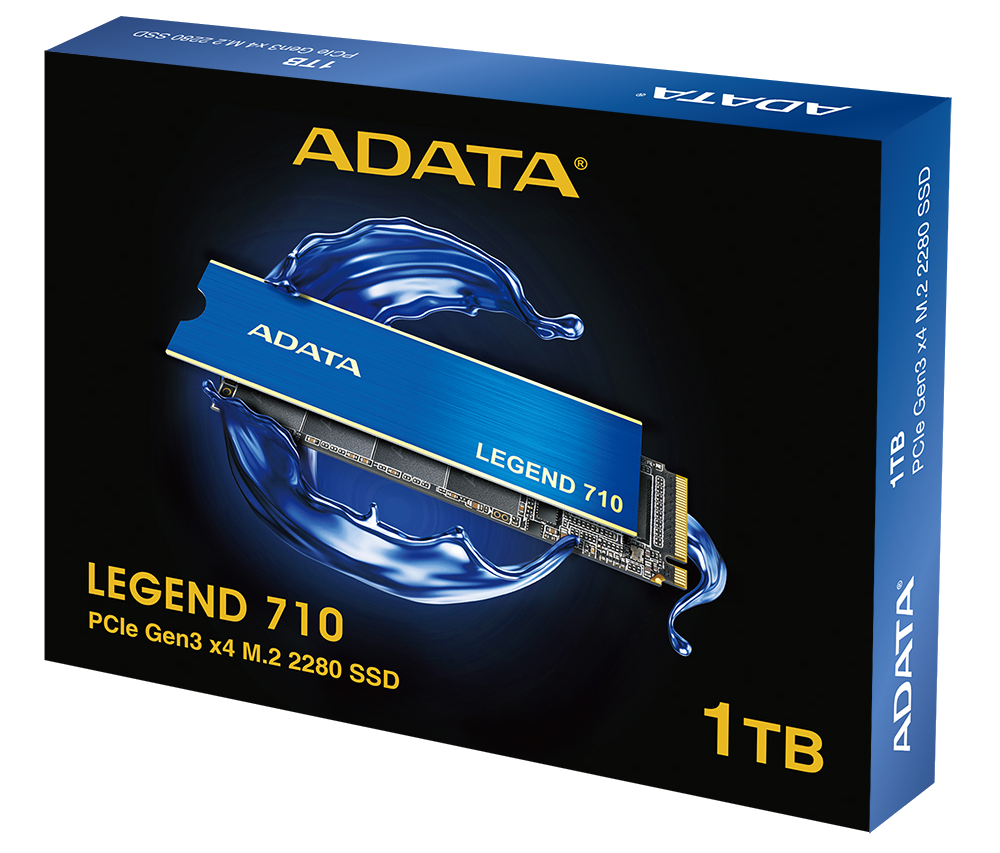 ADATA Legend 710 SSD doboz, kék, kék folyadékhatással.