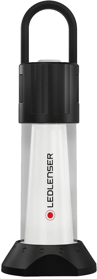 Fehér-fekete LEDLENSER zseblámpa fekete fogantyúval, alappal és piros logóval.