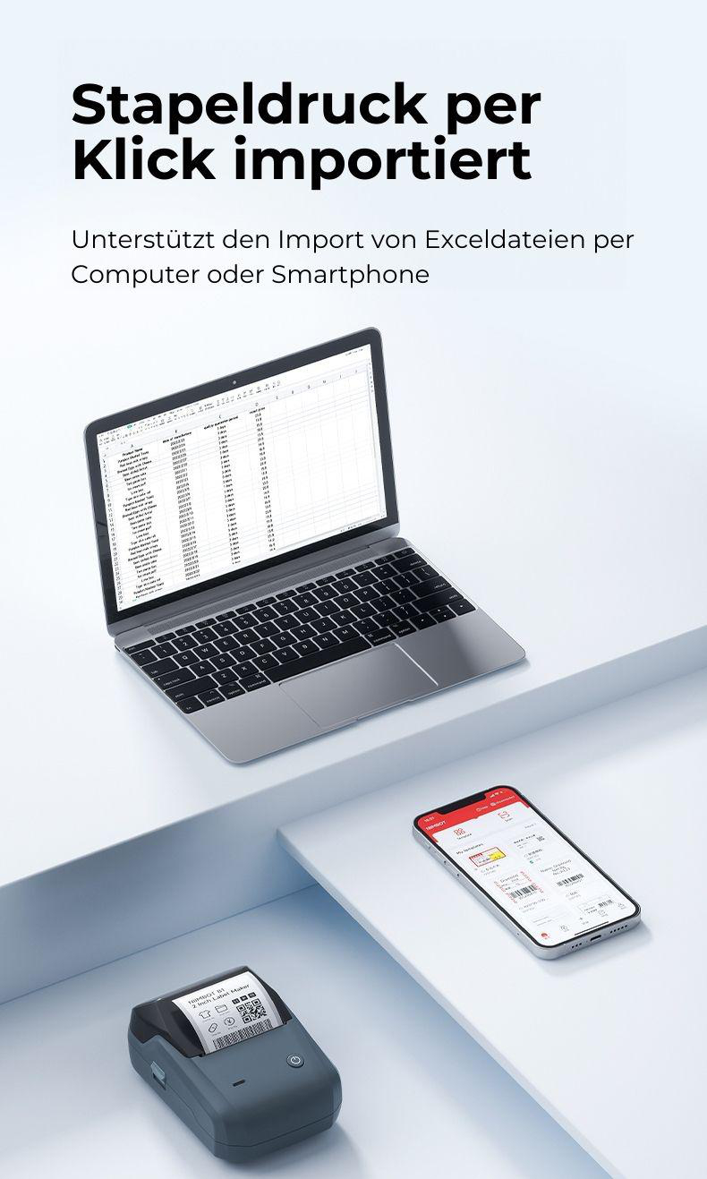 Laptop, Telefon und Drucker. Text im Hintergrund: Stapeldruck per Klick importiert.