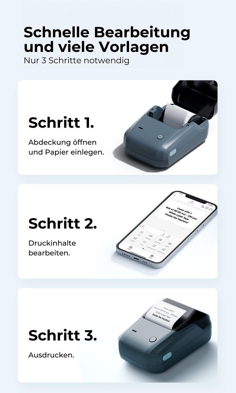 Diagramm: Schritte zur Verwendung eines tragbaren Druckers mit Telefon und Druckergebnissen.